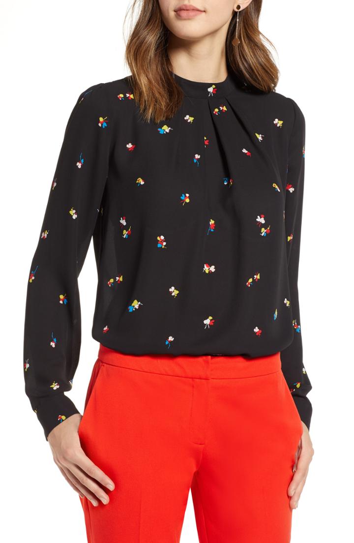 Women's Halogen Pleat Neck Blouse - Black