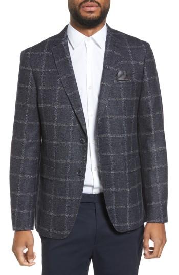 Men's Sand Trim Fit Windowpane Wool Blend Sport Coat R Eu - Blue