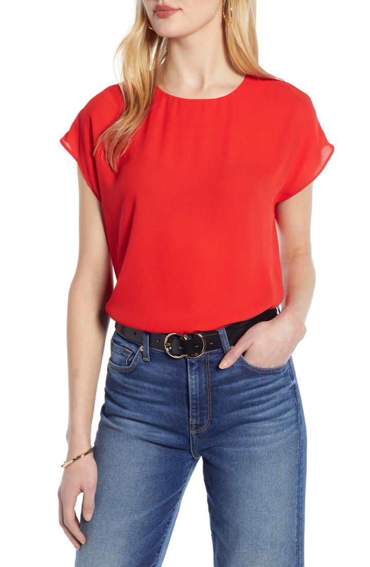 Women's Halogen Cap Sleeve Woven Blouse - Red