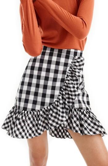 Women's J.crew Pistachio Gingham Cotton Poplin Ruffle Skirt - Black