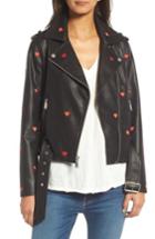 Women's Bcbgeneration Heart Embroidered Faux Leather Moto Jacket - Black