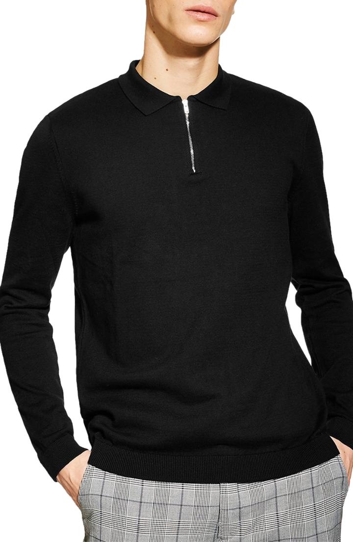 Men's Topman Zip Long Sleeve Polo - Black
