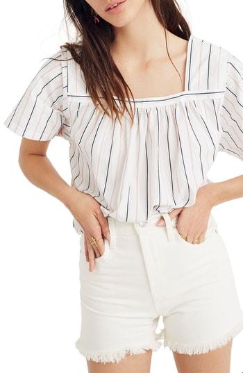 Women's Madewell Stripe Square Neck Top, Size - Blue