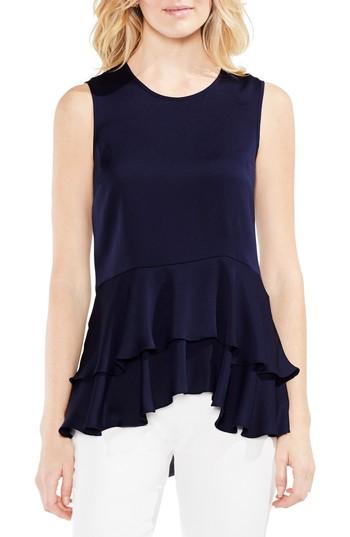 Women's Vince Camuto Sleeveless Tiered Ruffle Hem Satin Blouse, Size - Blue
