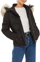Women's Topshop Jerry Faux Fur Trim Puffer Jacket Us (fits Like 0) - Black