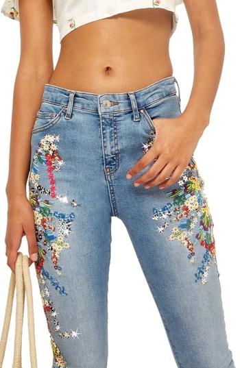 Women's Topshop Moto Jamie Ditsy Embroidered Jeans W X 30l (fits Like 24w) - Blue