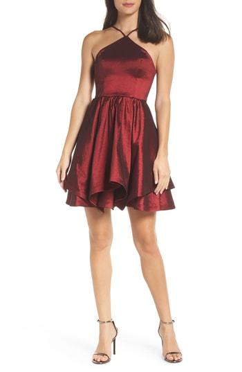 Women's Sequin Hearts Stretch Taffeta Halter Neck Party Dress - Burgundy