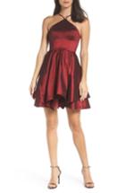 Women's Sequin Hearts Stretch Taffeta Halter Neck Party Dress - Burgundy