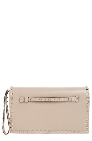 Valentino 'rockstud' Leather Flap Clutch - Beige