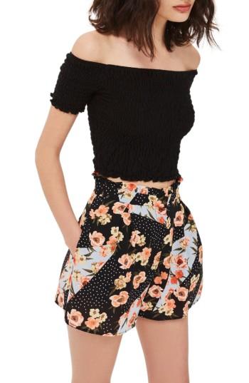 Women's Topshop Pansy & Spot Print Ruffle Waist Shorts Us (fits Like 0) - Black