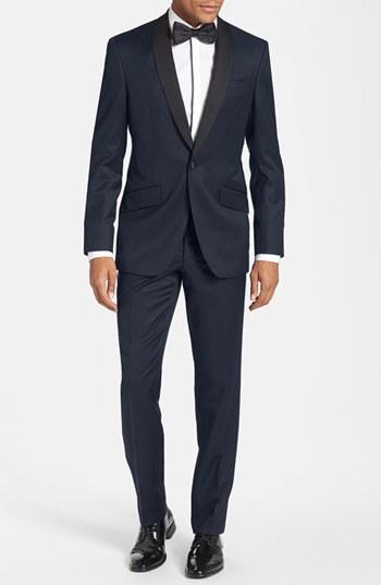 Men's Ted Baker London 'josh' Trim Fit Navy Shawl Lapel Tuxedo