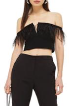 Women's Topshop Feather Trim Off The Shoulder Crop Top Us (fits Like 0-2) - Black