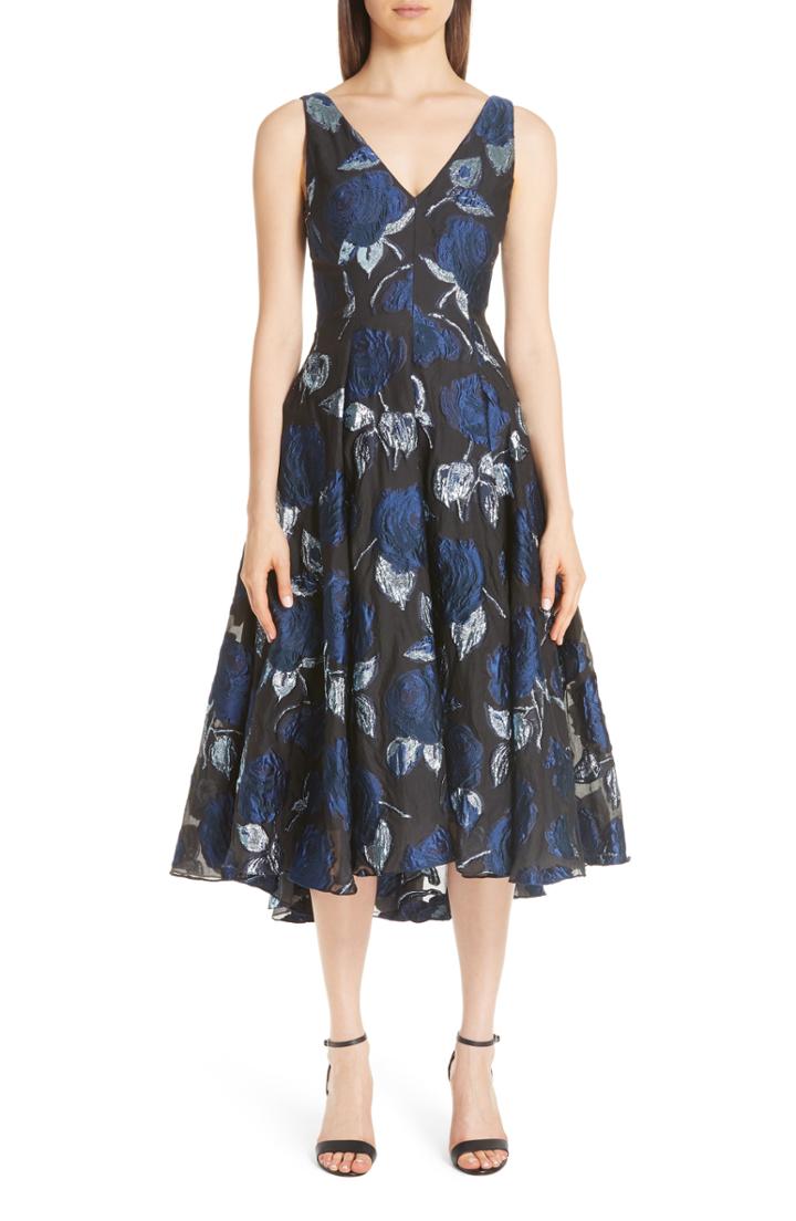 Women's Lela Rose Metallic Floral Fil Coupe Fit & Flare Midi Dress - Blue