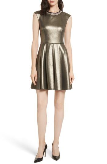 Women's Ted Baker London Ayma Embellished Metallic Fit & Flare Dress - Brown