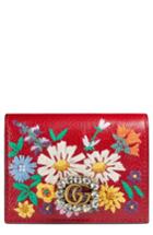 Women's Gucci Embroidered Floral Leather Wallet - Red