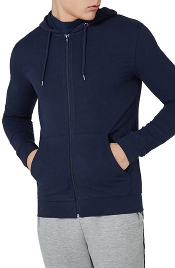 Men's Topman Muscle Fit Zip Through Hoodie - Blue