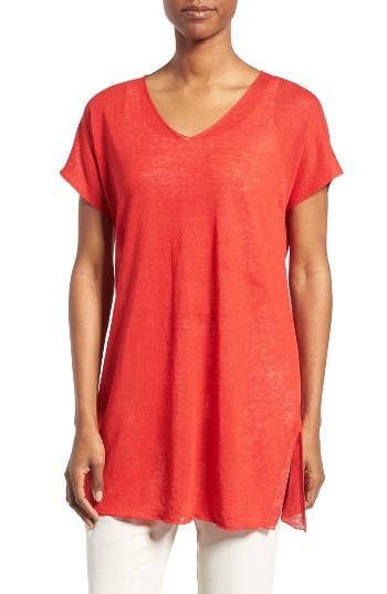 Women's Eileen Fisher Linen Blend V-neck Knit Tunic, Size - Red