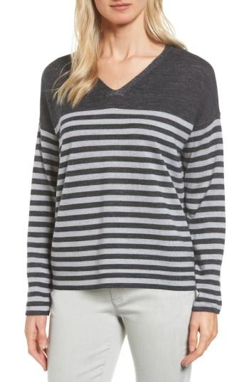 Women's Eileen Fisher Stripe Merino Wool Pullover, Size - Grey