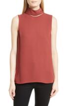Women's Theory Classic Slit Collar Silk Top, Size - Red