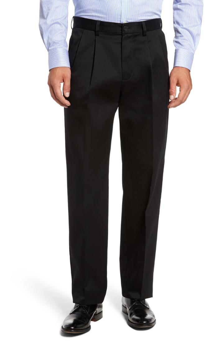 Men's Nordstrom Men's Shop 'classic' Smartcare(tm) Relaxed Fit Double Pleated Cotton Pants X 32 - Black (online Only)