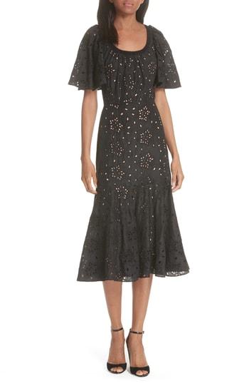 Women's Rebecca Taylor Sarah Silk Eyelet Midi Dress - Black
