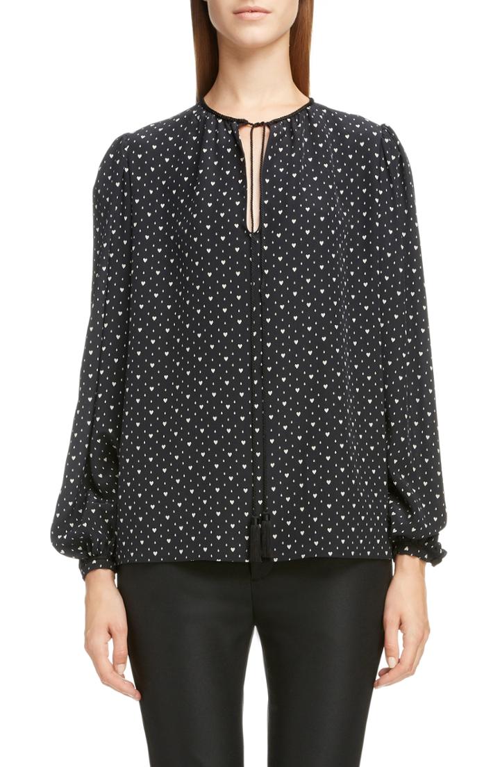 Women's Saint Laurent Heart Print Tie Neck Silk Blouse Us / 38 Fr - Black