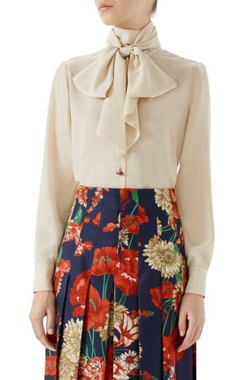 Women's Gucci Silk Crepe De Chine Bow Blouse Us / 36 It - Ivory