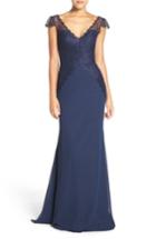 Women's Hayley Paige Occasions Cap Sleeve Lace & Chiffon Trumpet Gown - Blue