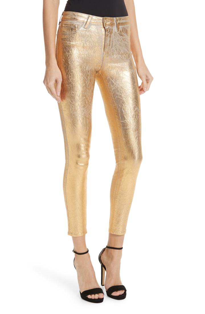 Women's L'agence Margot Metallic Coated Crop Skinny Jeans - Beige