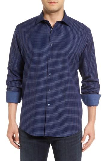 Men's Bugatchi Classic Fit Tattersall Sport Shirt, Size - Blue