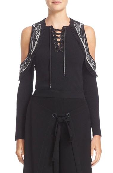 Women's Yigal Azrouel Lace Trim Cold Shoulder Top