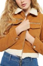 Women's Topshop Borg Trim Crop Denim Jacket Us (fits Like 14) - Brown