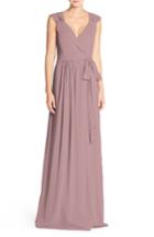 Women's Ceremony By Joanna August 'newbury' Gathered Sleeve Chiffon Wrap Gown - Pink