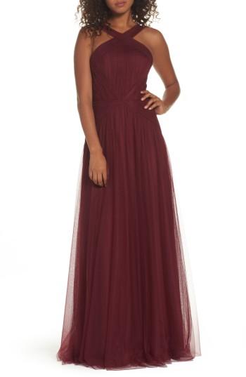 Women's Hayley Paige Occasions High Neck Pleated English Net Gown - Burgundy