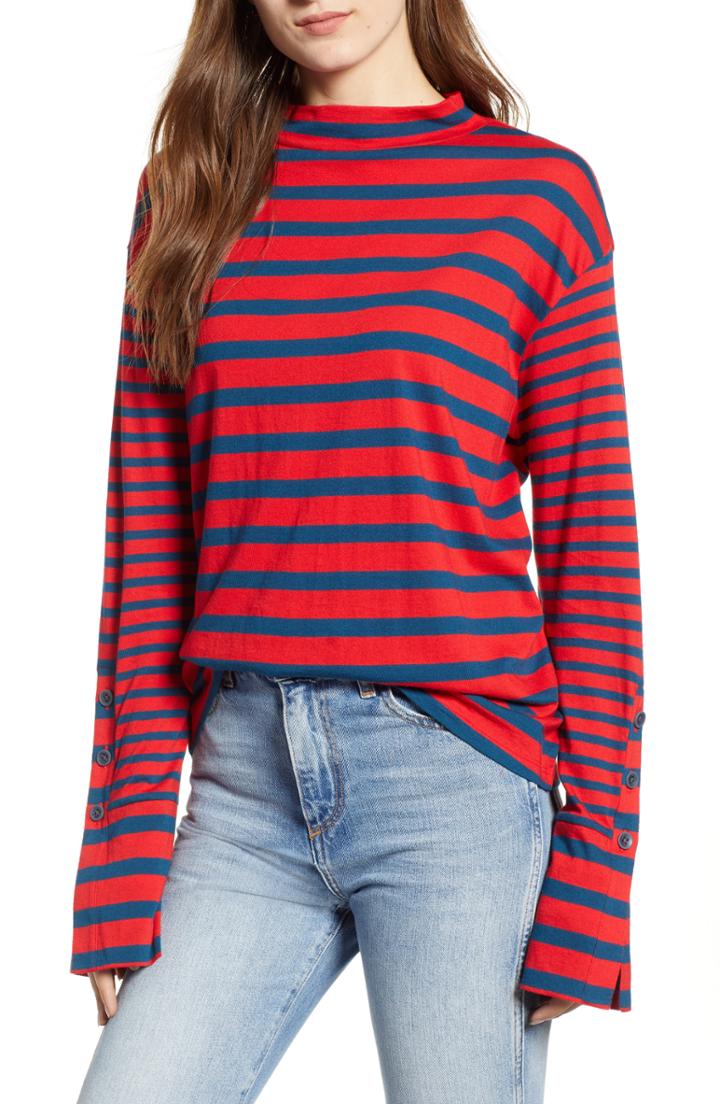 Women's Bp. Stripe Mock Neck Tee, Size - Red