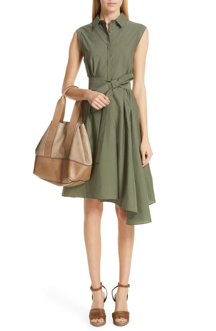 Women's Brunello Cucinelli Asymmetrical Cotton Blend Shirtdress - Green