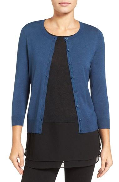 Women's Halogen Three Quarter Sleeve Crewneck Cardigan, Size - Blue
