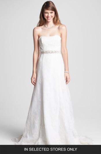 Women's Bliss Monique Lhuillier Strapless Chantilly Lace Wedding Dress, Size In Store Only - Ivory