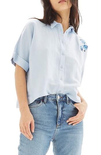 Women's Topshop Kady Tiger Embroidered Shirt Us (fits Like 0) - Blue