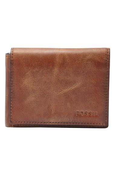 Men's Fossil 'derrick' Leather Flip Trifold Wallet - Brown