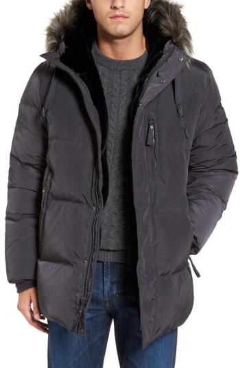 Men's Marc New York Quilted Down Parka With Faux Fur Trim, Size - Grey