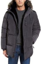 Men's Marc New York Quilted Down Parka With Faux Fur Trim, Size - Grey