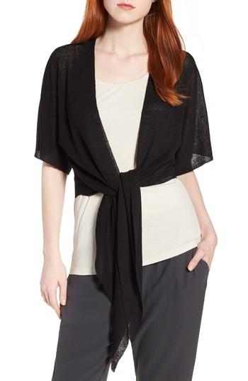 Women's Eileen Fisher Tie Front Organic Linen Blend Cardigan, Size - Black