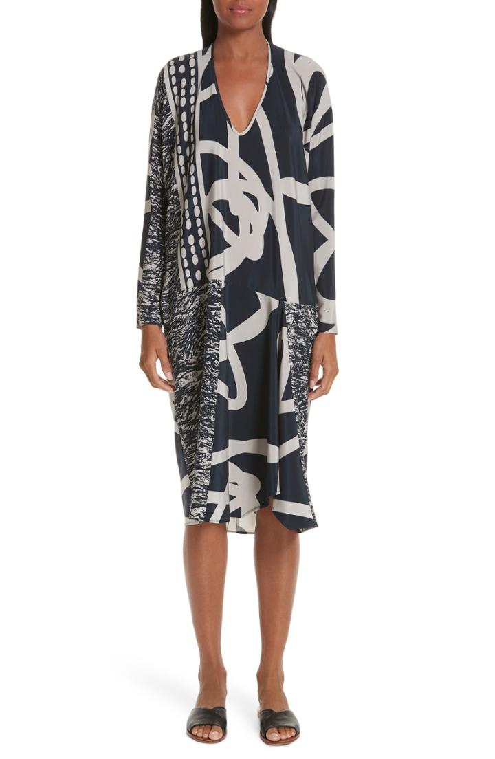 Women's Zero + Maria Cornejo Greige Print Stretch Silk Dress - Blue