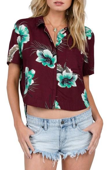 Women's Volcom Fox Tail Palm Print High/low Crop Top - Burgundy