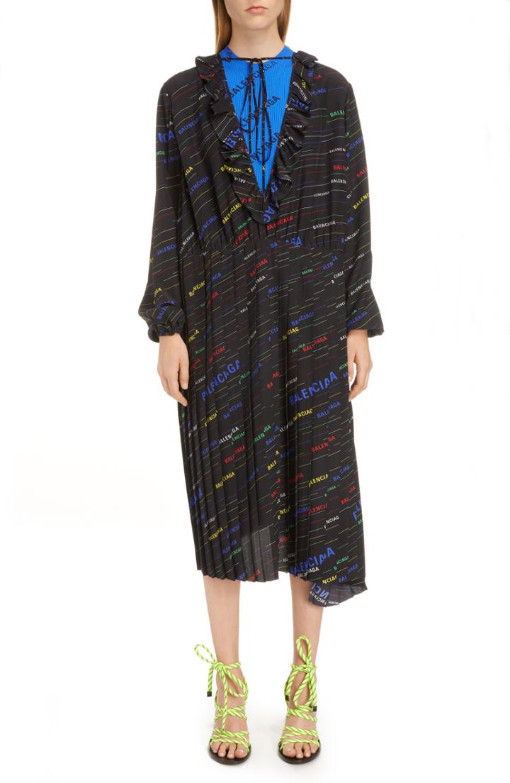 Women's Balenciaga Stripe Logo Print Ruffle Dress Us / 40 Fr - Black