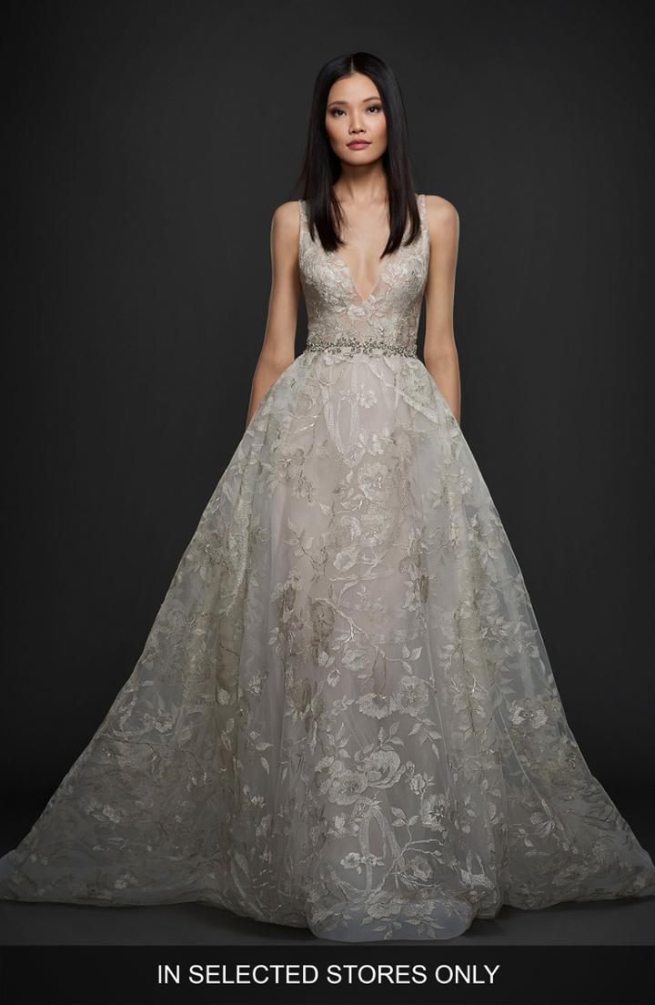 Women's Lazaro Floral Embroidered Tulle & Chiffon Gown, Size - White