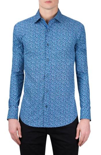 Men's Bugatchi Classic Fit Fish Bone Print Sport Shirt, Size - Blue