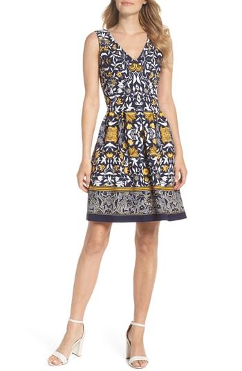 Women's Vince Camuto Print Scuba Crepe Fit & Flare Dress - Blue