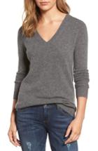 Petite Women's Halogen V-neck Cashmere Sweater P - Grey